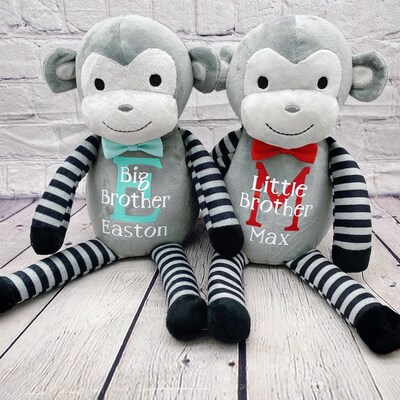 Personalized Big brother gift Stuffed animal Birth announcement monkey sibling plush baby gift pregnancy keepsake, new mom, baby shower - image2